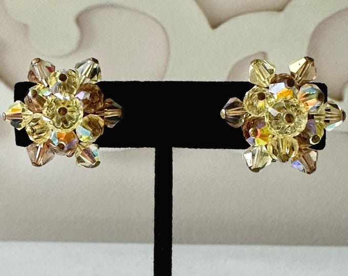Vintage Japan  Golden Crystal Snowflake Earrings Clip-On
