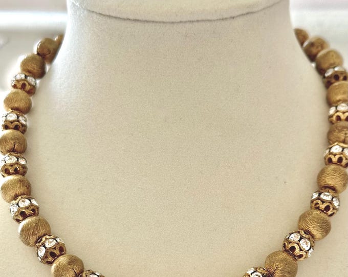 Vintage Capri Choker Necklace in Brushed Gold Tone Beads and Rhinestones 15.5"