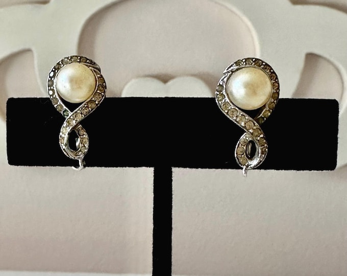 Vintage Panetta Rhinestone and Faux Pearl Earrings
