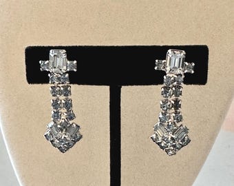 Vintage Icy Blue Rhinestone Drop Earrings Screw Back Unsigned