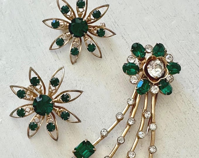 Vintage Green Rhinestone Fur Clip + Two Green Scatter Pins