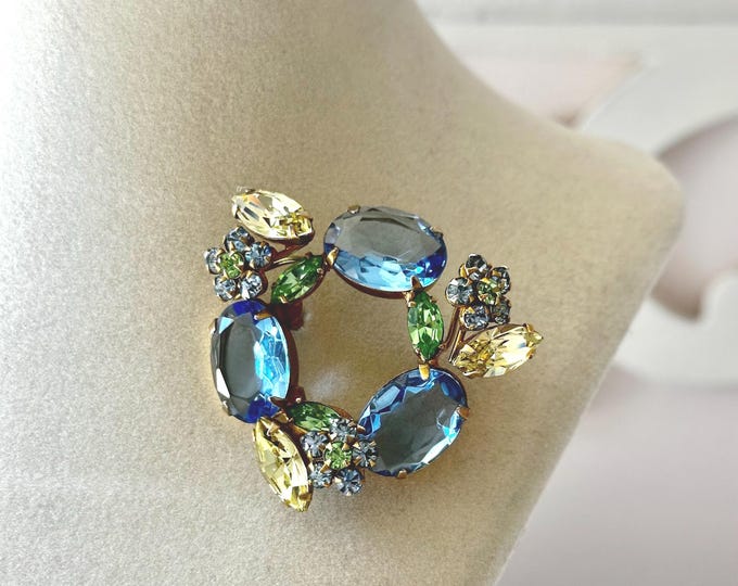Vintage Regency Pastel Blue, Green, Yellow Rhinestone Floral Brooch