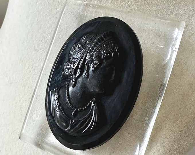 Vintage Book Piece Clear Lucite and Black Bakelite Cameo Brooch