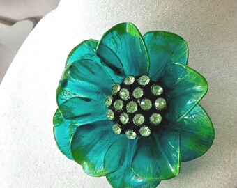 Vintage 1930s-1950s Blue and Green Cellulose Acetate Floral Brooch Unsigned