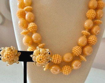 Vintage Hong Kong Pale Orange Acrylic Beaded Necklace + Earrings