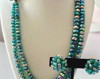 Vintage Vogue 1950s Double Strand Green Necklace + Earrings
