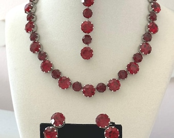 Vintage Kramer Red Rhinestone Silver Tone Parure: Necklace, Bracelet, Earrings Signed