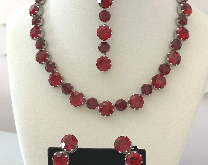 Vintage Kramer Red Rhinestone Silver Tone Parure: Necklace, Bracelet, Earrings Signed