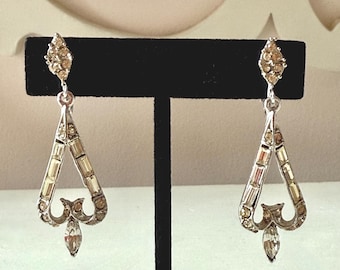 Vintage Silver Tone Clear Rhinestone Chandelier Earrings Clip- On Unsigned 2"