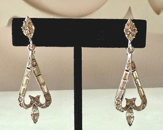 Vintage Silver Tone Clear Rhinestone Chandelier Earrings Clip- On Unsigned 2"