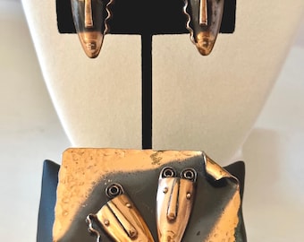 Vintage Francisco Rebajes Iconic 1950s Copper Mask Brooch and Earrings