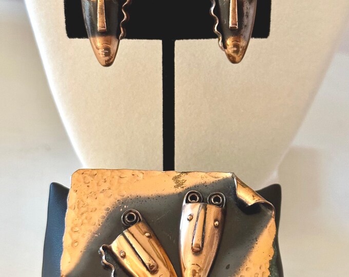 Vintage Francisco Rebajes Iconic 1950s Copper Mask Brooch and Earrings