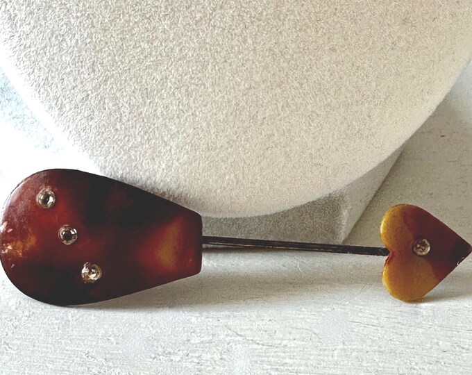 Vintage Art Deco Faux Tortoise Shell Heart Shape Celluloid Jabot/Pin