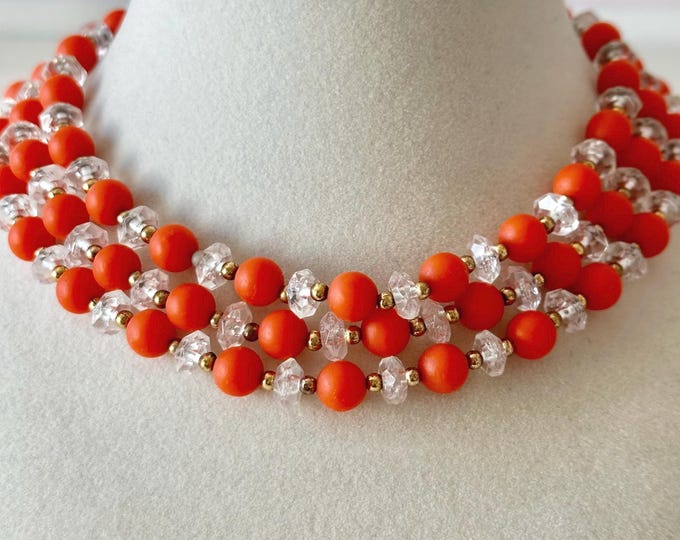 Vintage Three-Strand Acrylic Choker Necklace in Orange and Clear Beads Unsigned 15"