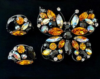 Vintage Regency Black and Honey-Colored Butterfly Brooch + Earrings Clip-On