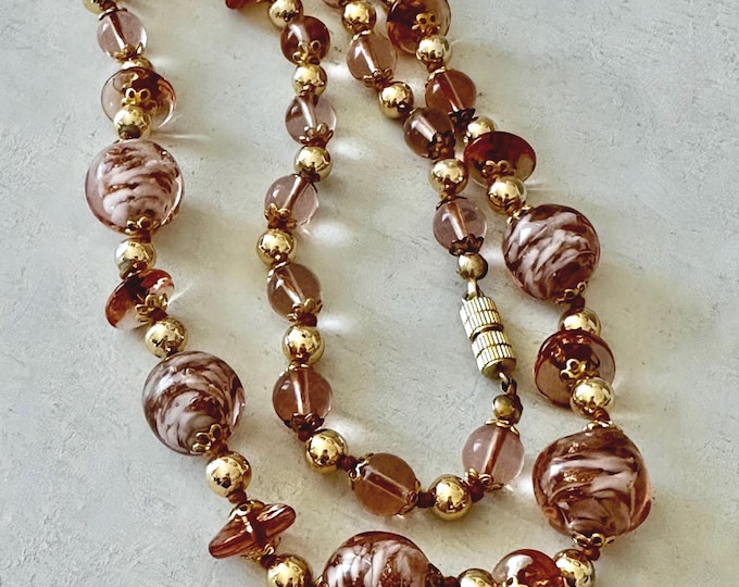 Vintage Blush Pink Beaded Necklace with Copper-Flecked Art Glass Beads 23" Unsigned
