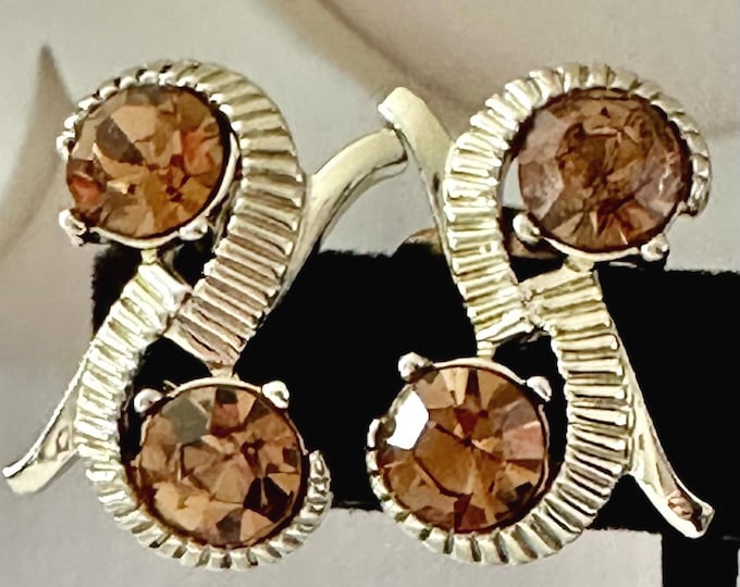 Vintage Kramer Gold Tone S-Shaped Brown Rhinestone Earrings Clip-On