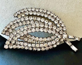 Vintage Rhinestone Three Leaf Brooch Unsigned 2.5"