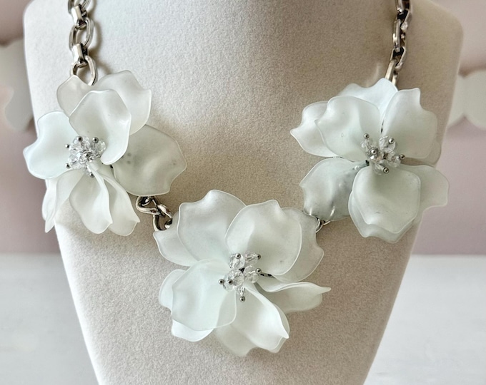 Vintage Frosted Lucite and AB Crystal Floral Necklace on Chunky Silver Tone Chain 21" Unsigned
