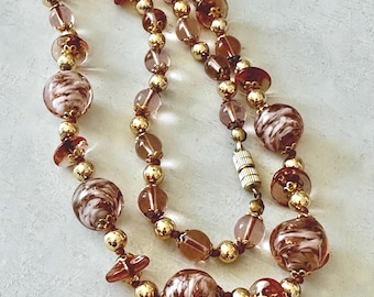 Vintage Blush Pink Beaded Necklace with Copper-Flecked Art Glass Beads 23" Unsigned