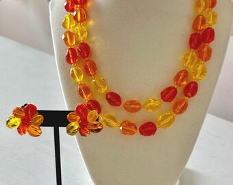 Vintage West Germany Brilliant Summery Orange and Yellow Necklace + Earrings