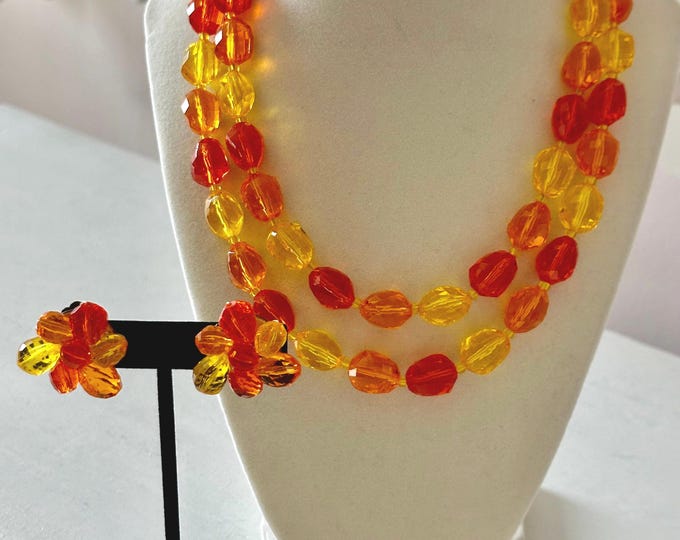 Vintage West Germany Brilliant Summery Orange and Yellow Necklace + Earrings