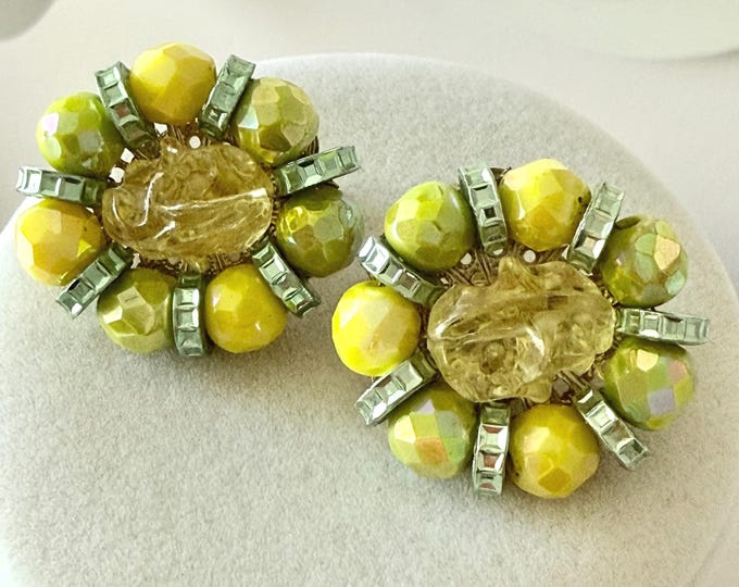 Vintage Hobe Lemon and Lime AB Beaded Earrings with Yellow Molded Glass Center Clip-On