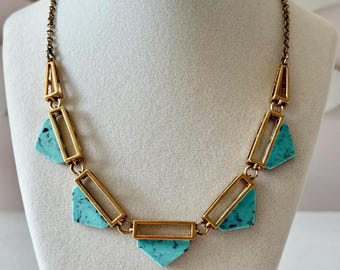 Vintage Geometric Gold Tone and Faux Turquoise Necklace 21" Unsigned