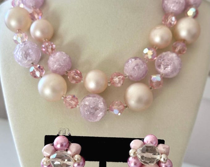 Vintage Laguna Pink Acrylic Double Strand Beaded Necklace + Japan Earrings