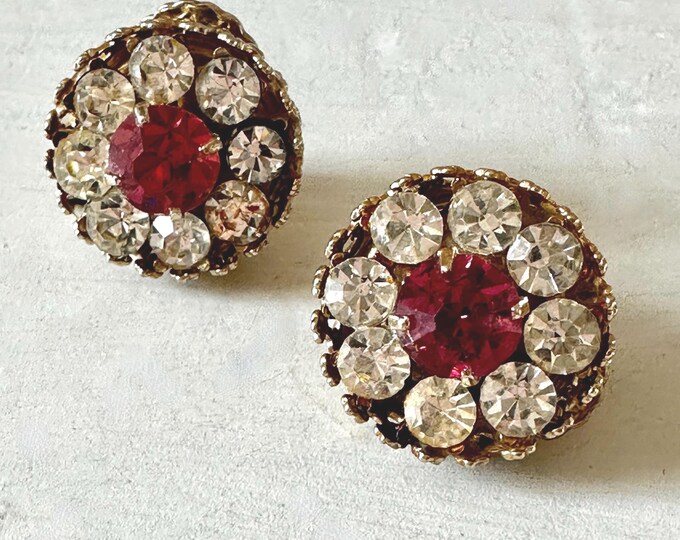 Vintage Coro Gold Tone Pink and Clear Rhinestone Earrings 3/4"