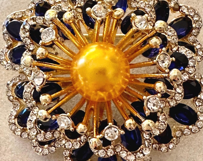 Vintage Layered Blue Rhinestone Flower Pendant/Brooch With Golden Faux Pearl