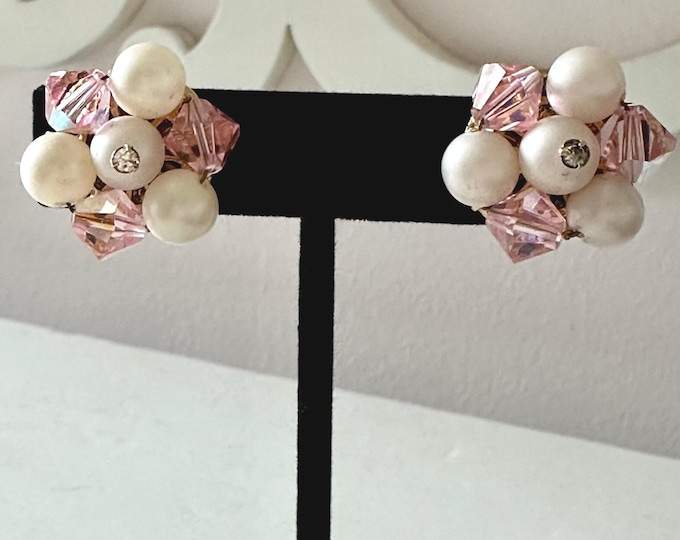 Vintage Vendome Cluster Earrings Pink Crystals and Faux Pearls Gold Tone
