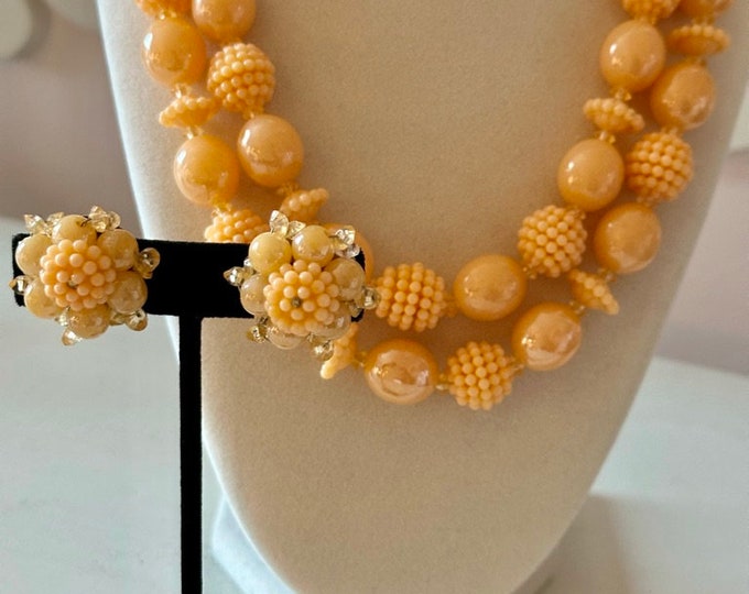 Vintage Hong Kong Pale Orange Acrylic Beaded Necklace + Earrings