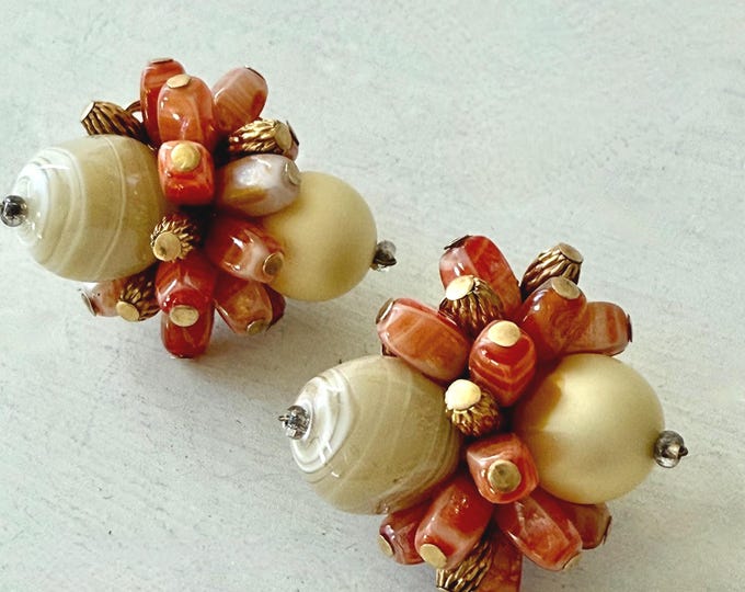 Vintage Vendome Orange and Tan Art Glass Beaded Earrings