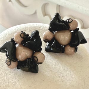 Vintage Signed Miriam Haskell Black and Tan Beaded Earrings Tulip Design