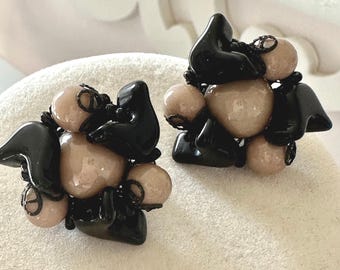 Vintage Signed Miriam Haskell Black and Tan Beaded Earrings Tulip Design