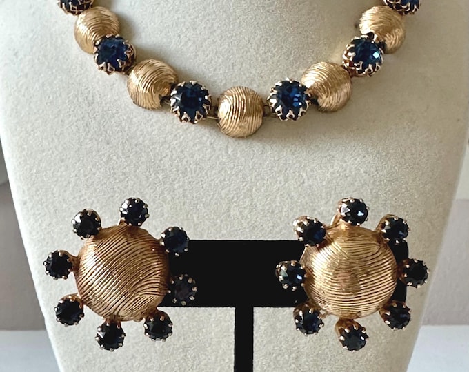 Vintage Kramer Brushed Gold Tone and Blue Stone Necklace + Earrings