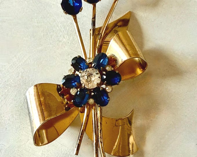 Vintage Coro Sterling Vermeil Ribbon Brooch with Sapphire Blue Rhinestones 3 1/4"