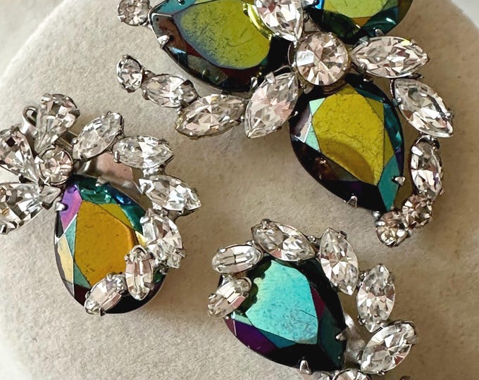 Vintage Weiss Brooch + Earrings in Clear Rhinestones and Large Pear-Shaped AB Stones