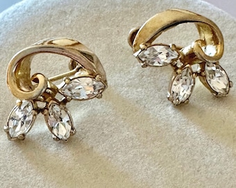 Vintage Petite Gold Tone and Rhinestone Earrings Unsigned