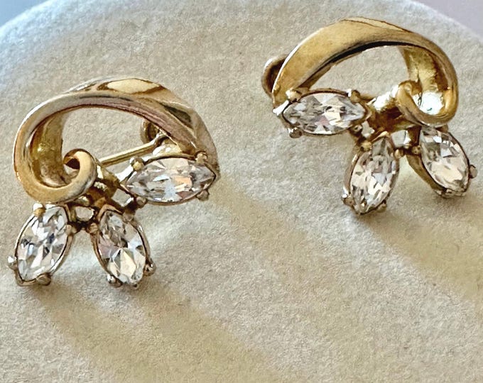 Vintage Petite Gold Tone and Rhinestone Earrings Unsigned