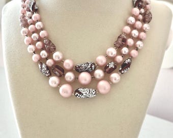 Vintage Pink Matte Beads and Art Glass Triple Strand Necklace from Japan
