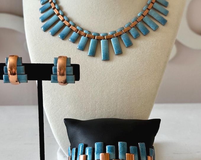 Vintage 1960s Matisse "Peter Pan" Copper Enamel Parure of Necklace + Bracelet + Earrings