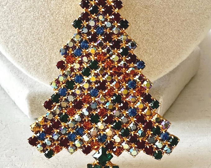 Vintage Dominique Multi-color Rhinestone and Aurora Borealis Christmas Tree Brooch 2 1/4"