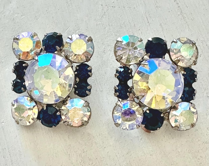 Vintage Golden and Navy Rhinestone Earrings