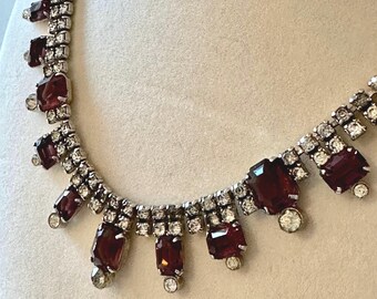 Vintage Choker Necklace in Purple and Clear Rhinestones 15.5"-17"