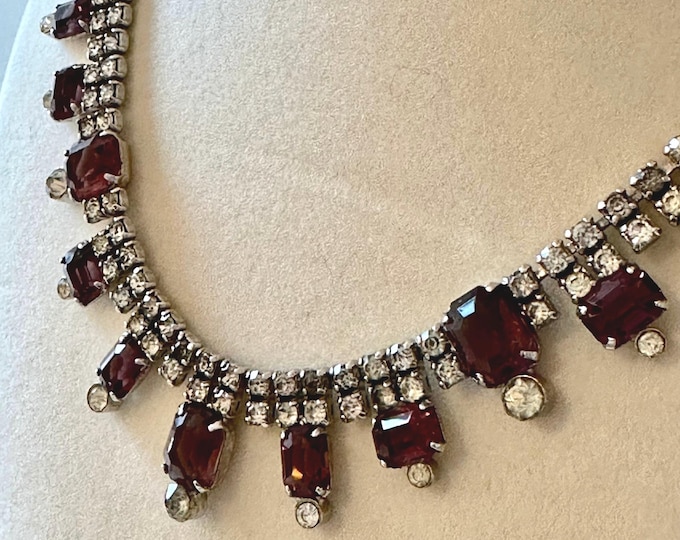 Vintage Choker Necklace in Purple and Clear Rhinestones 15.5"-17"
