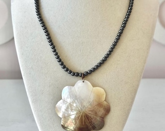 Vintage Beaded Necklace with Carved Mother of Pearl Plumeria Pendant