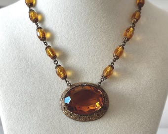 Vintage 1930s Amber Colored Czech Glass Beaded Necklace with Pendant