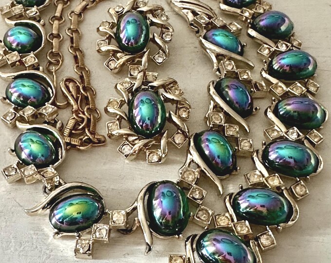 Vintage 1950s Coro Peacock Blue Glass Cabochon Parure of Necklace + Bracelet + Earrings